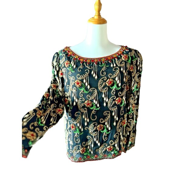 ART DECO Sz S/M Beaded Blouse Concetta Rafanello St. Martin Sequin GLAMOROUS - Picture 1 of 16